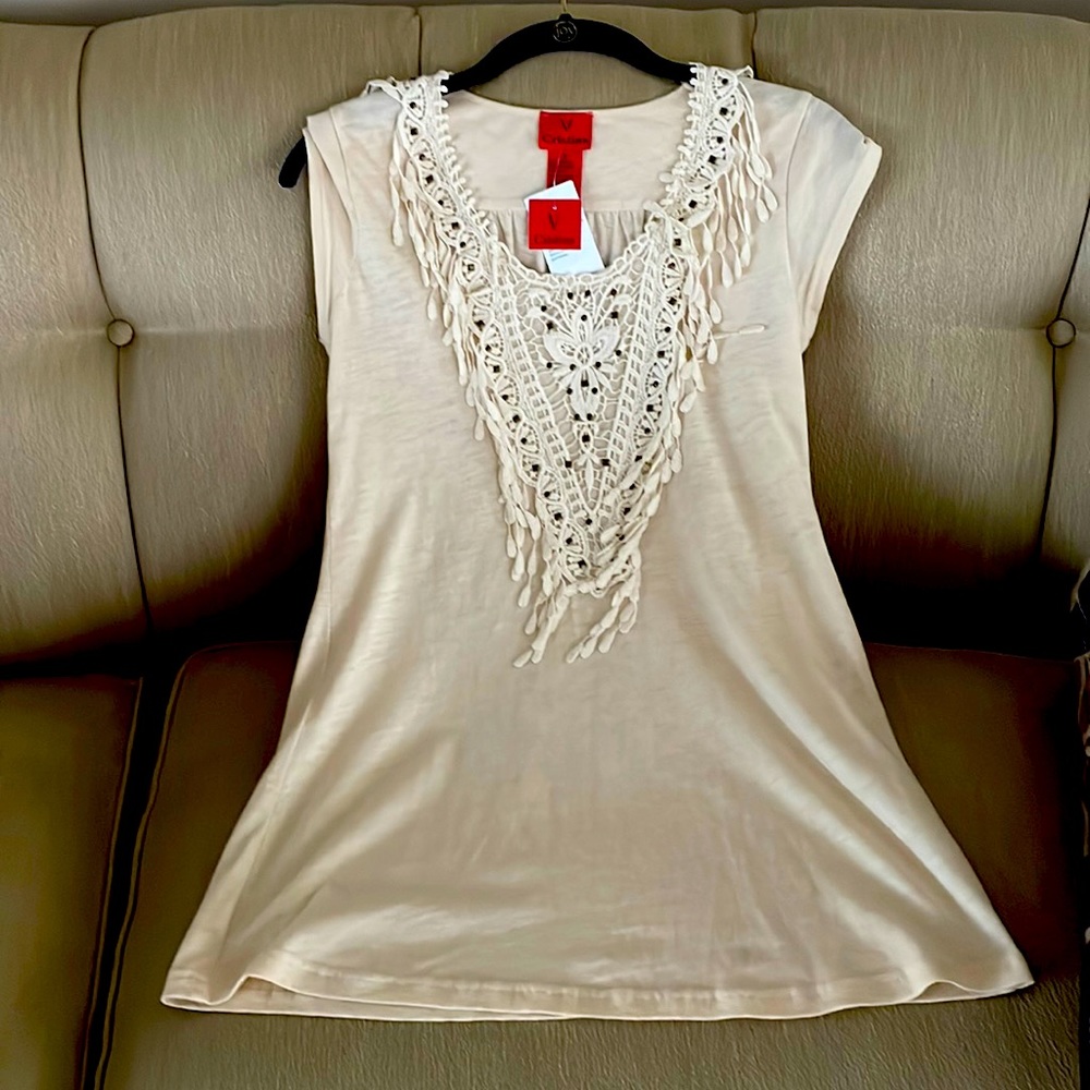 V Cristina long ecru cotton top with front trim